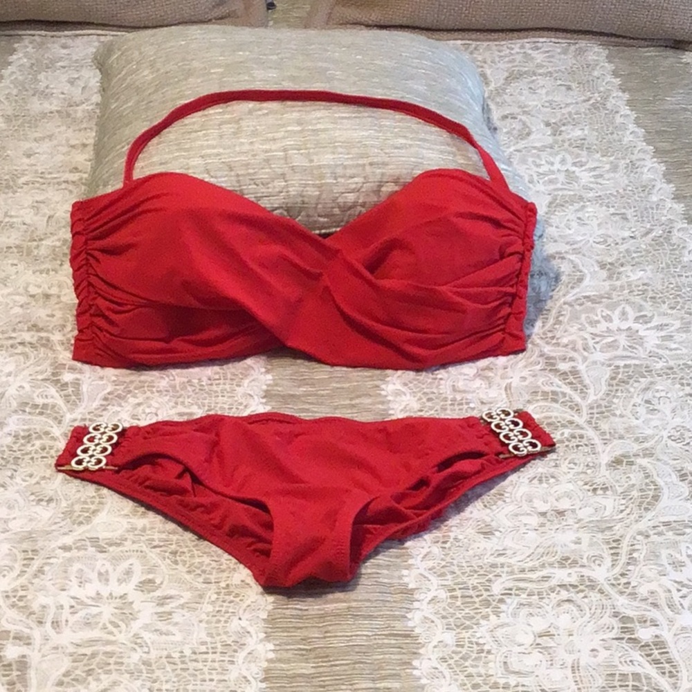 Vibrant Red Bandeau Bikini with Lattice Details